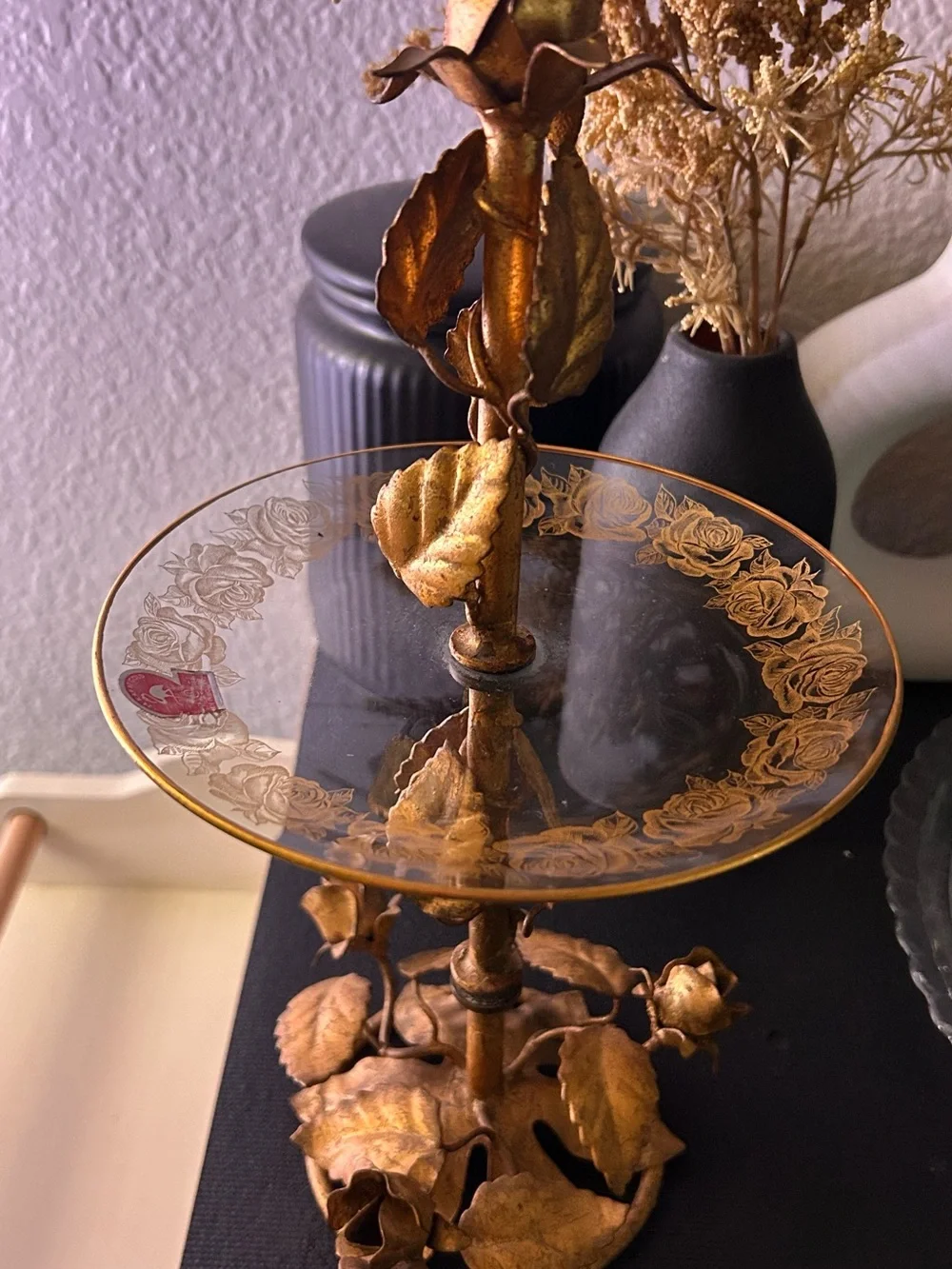 Vintage Italian Gold Guild Rose Pedestal Trinket Dish